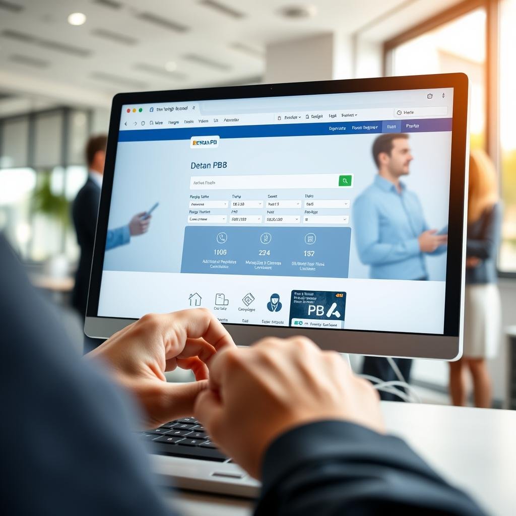 A modern and user-friendly Detran PB vehicle registration consultation interface displayed on a sleek computer screen. The foreground features a close-up of hands typing on a keyboard, emphasizing the act of searching for vehicle information. In the middle, the monitor vividly shows the Detran PB website with a registration plate lookup search bar, complete with icons and fields reflecting an organized layout. The background reveals a blurred office environment with soft, natural lighting through a window, creating a calm and professional atmosphere. Use a shallow depth of field to keep the focus on the computer screen while hinting at people in professional attire collaborating in the background, conveying a sense of productivity and efficiency.