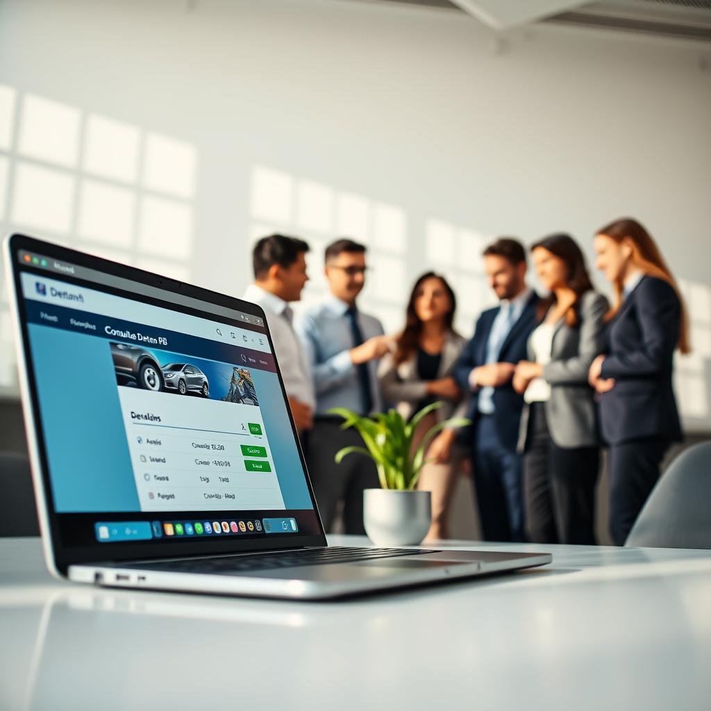 A modern digital workspace showcasing a user-friendly interface for online vehicle consultations with Detran PB. In the foreground, a close-up of a laptop screen displays a colorful, intuitive application interface showing vehicle details and a search bar labeled "Consultas Detran PB." The middle ground features a diverse group of professional individuals, dressed in business attire, attentively discussing the application, with one person pointing to the screen. In the background, a minimalist office environment with soft, natural lighting creates an inviting atmosphere. A potted plant adds a touch of greenery, while the subtle play of shadows enhances the depth of the scene, suggesting focus and innovation in the field of vehicle registration and consultation.