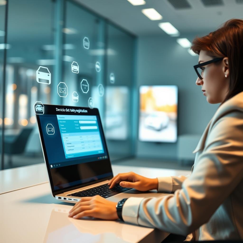 A modern digital workspace showcasing an individual, dressed in professional business attire, seated at a sleek desk using a laptop to access the Detran SP vehicle debt registration online. In the foreground, focus on the glowing laptop screen displaying an intuitive user interface with vehicle information. The middle layer captures the individual intently engaged in the process, surrounded by digital elements like floating icons of technology and automotive symbols. In the background, a bright and clean office environment with soft, ambient lighting, and a window showing a blur of city life, representing technological integration in urban settings. The atmosphere conveys a sense of efficiency and innovation, highlighting the digital transformation in public services.