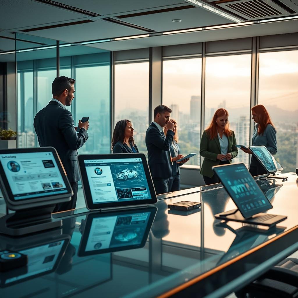 A modern, futuristic office environment representing the future of Detran Goiás, focusing on advanced technology and digital services. In the foreground, a sleek, glass desk with high-tech devices, tablets displaying vehicle registration and digital license services. In the middle ground, diverse professionals in business attire collaborate, studying holographic displays and engaging with virtual interfaces. In the background, large windows showcase a vibrant, green cityscape illuminated by soft, natural light, conveying innovation and progress. The mood is optimistic and dynamic, emphasizing a commitment to efficiency and customer service. The perspective is slightly elevated, capturing the hustle of a modern workspace while maintaining clarity and focus on the subject.