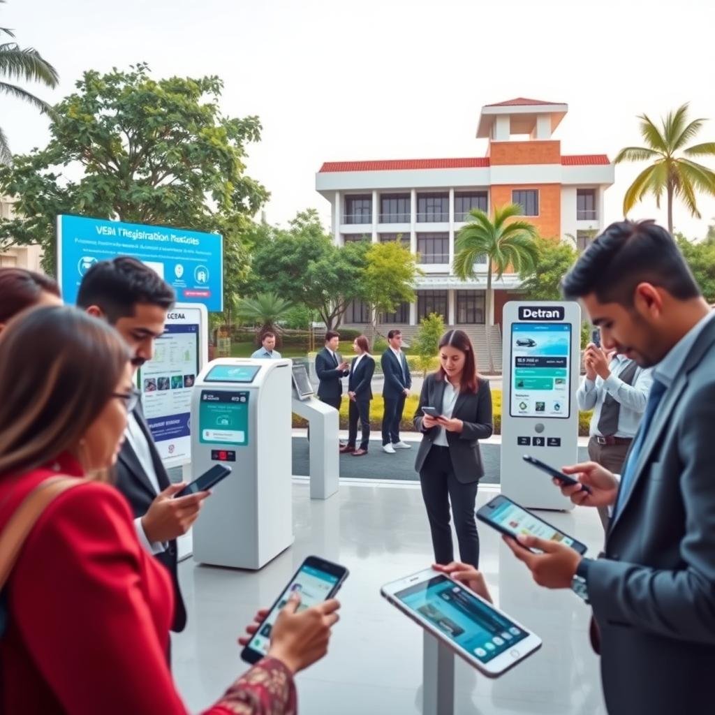 A modern, high-tech scene showcasing innovations and technologies at Detran Ceará. In the foreground, a group of diverse professionals in business attire interact with digital devices, such as tablets and smartphones, displaying user-friendly apps related to vehicle registration and driver services. The middle ground features sleek e-governance kiosks and electronic signboards providing real-time updates on vehicle information and services. In the background, a stylized representation of the Detran building, blending traditional architecture with contemporary design elements, surrounded by greenery. The atmosphere is vibrant and professional, illuminated by soft, natural lighting, capturing a sense of advancement and efficiency. The angle is slightly elevated to give a panoramic view of the entire scene.