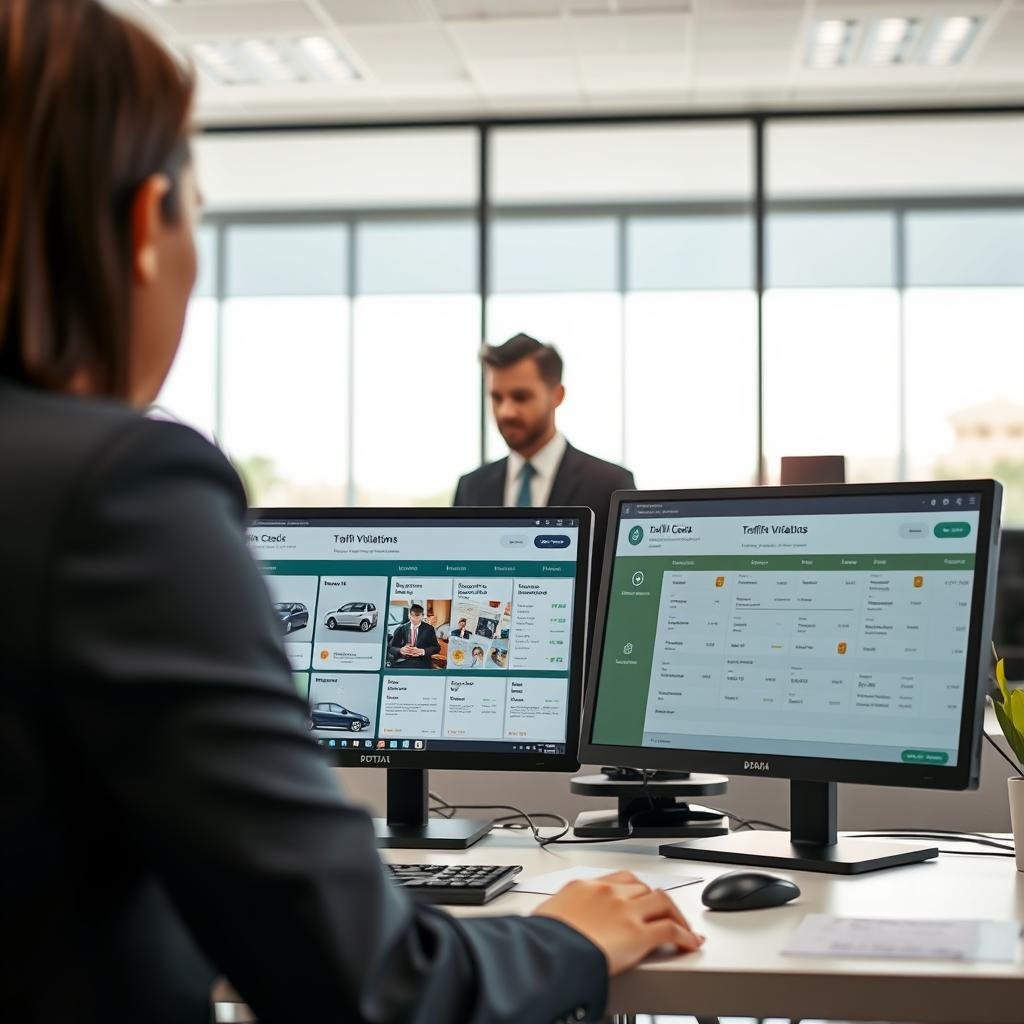 A modern office environment dedicated to traffic violations and vehicle registration, capturing a professional atmosphere. In the foreground, a neatly organized desk displays a computer screen showing a detailed interface for vehicle infraction checks, featuring visuals of cars and policy documents. In the middle ground, a business-attired individual, focused and attentive, interacts with the computer, embodying the process of consultation. In the background, a large window reveals a bright day, ensuring ample natural light floods the space, creating an open and inviting ambiance. The setting suggests efficiency and seriousness in managing traffic offenses, highlighting the essential function of Detran Ceará. Emphasize a clean, corporate vibe with neutral colors and a calming, professional mood.