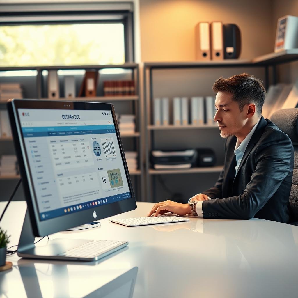 A modern office environment depicting a professional individual sitting at a sleek desk, focused on a computer screen displaying the Detran SC vehicle plate consultation interface. The foreground features a close-up of the computer screen with detailed data like vehicle information and registration numbers. In the middle, the individual, dressed in business attire, is intently studying the screen. The background shows a well-organized office space with shelves containing vehicle-related books and transportation regulations, softly illuminated by natural light streaming through a window. The overall atmosphere is professional and informative, exuding a sense of trust and diligence in vehicle registration processes. The lighting is warm and inviting, enhancing the focus on the computer screen and the dedicated professional.
