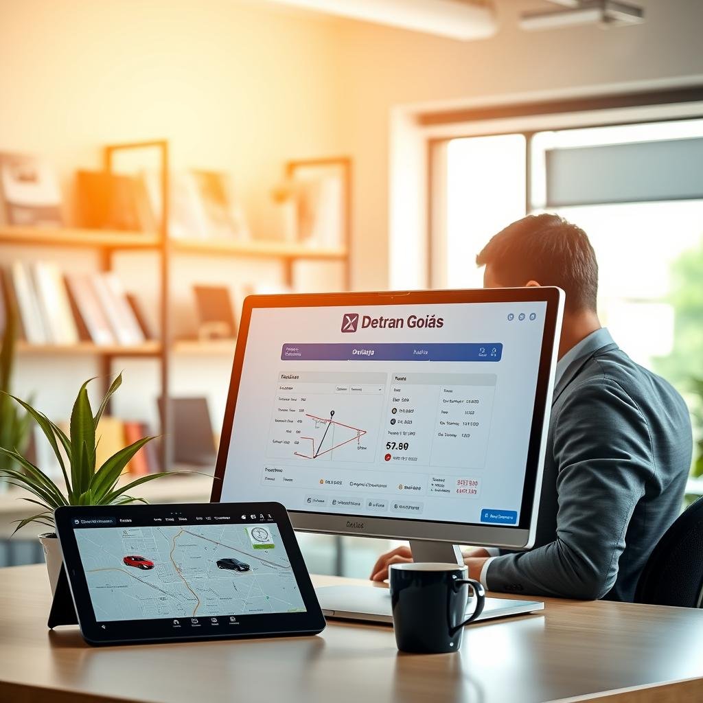 A modern office environment featuring a sleek desktop computer displaying an online vehicle plate consultation interface for Detran Goiás. In the foreground, a professional in business attire focuses intently on the screen, with a digital tablet beside them showing a map and vehicle information. The middle ground includes an organized workspace with a potted plant and a cup of coffee, contributing to a productive atmosphere. The background is softly blurred to emphasize the technology, with shelves holding automotive literature and a window revealing a bright day outside. The lighting is warm and inviting, creating a calm yet efficient mood. The overall composition conveys the integration of technology in streamlining vehicle consultations.