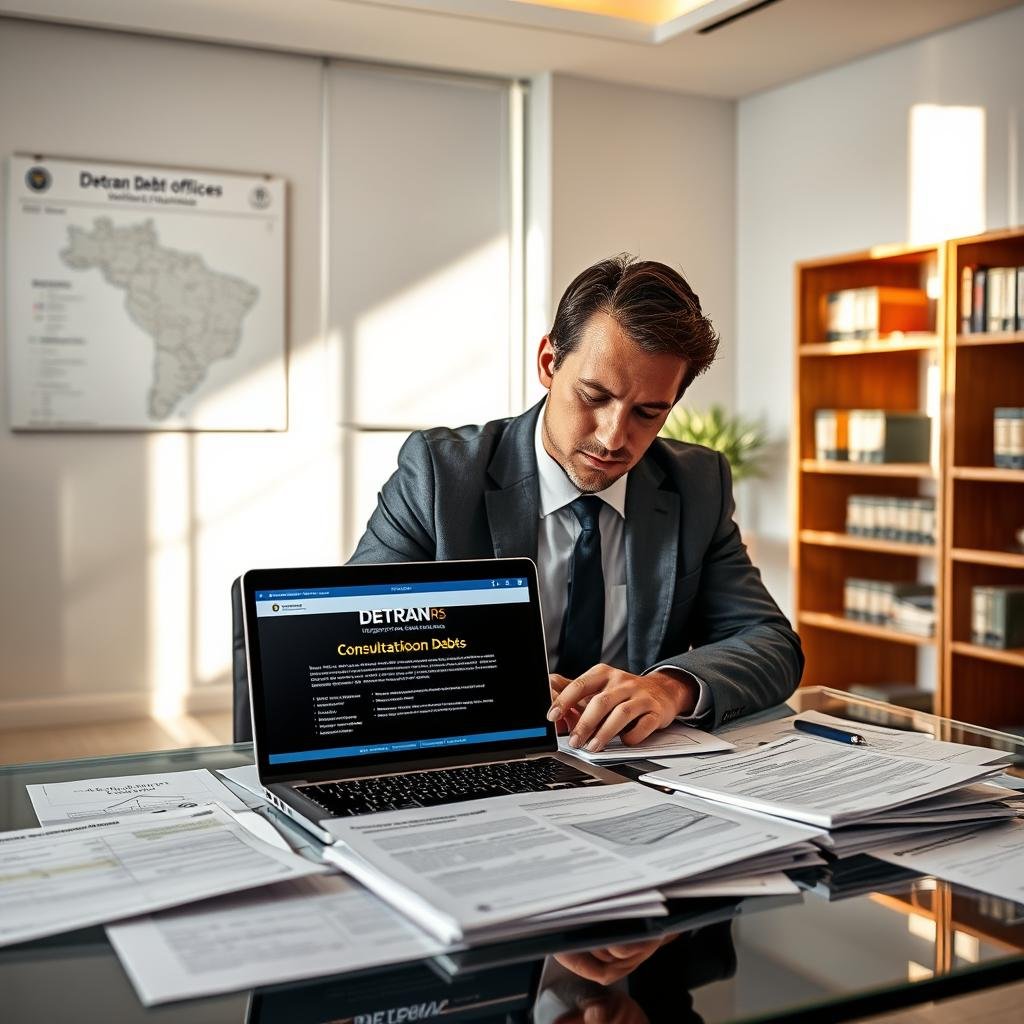 A modern office interior with a sleek, professional atmosphere, featuring a glass desk cluttered with official documents related to vehicle registrations and debts. In the foreground, a focused individual in business attire, deeply engaged with a laptop screen displaying a Detran RS consultation webpage. The middle ground shows an open window with sunlight streaming in, casting soft shadows on the floor. The background reveals a wall-mounted map of Brazil highlighting Detran offices, and an organized bookshelf filled with legal texts and vehicle regulations. The overall mood is one of diligence and clarity, emphasizing the importance of understanding vehicle debt legislation. Use bright, natural lighting with a soft focus lens effect to enhance the professionalism of the setting.