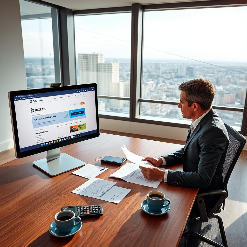 A modern office setting featuring a large desk with a computer displaying the "DETRAN Ceará" website on the screen, focused on the payment section of vehicle debts. In the foreground, a professional individual in modest business attire, reviewing paperwork, looks thoughtfully at the screen. The middle area shows a well-organized workspace with financial documents, a calculator, and a cup of coffee. The background has a large window with natural light streaming in, revealing a view of a cityscape under a clear sky. The atmosphere is one of productivity and focus, emphasizing the urgency of paying debts on time. Soft, warm lighting enhances the inviting and professional mood of the scene, captured from a slightly elevated angle to give a comprehensive view of the desk and the individual.