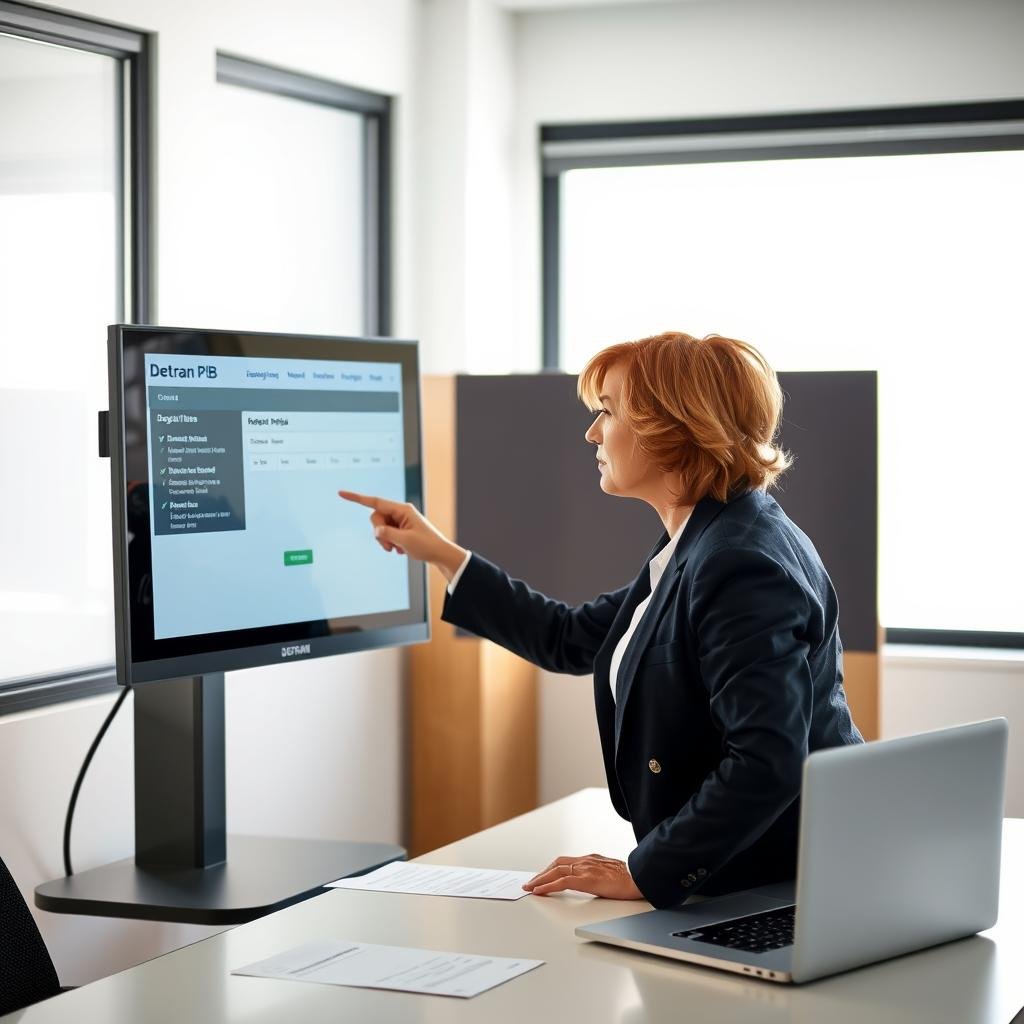 A modern office setting featuring a professional individual, a middle-aged woman dressed in smart business attire, intently reviewing a digital screen displaying the Detran PB vehicle registration system. In the foreground, the woman is focused, pointing at details on the screen. The middle ground includes a sleek computer desk with paperwork neatly organized, and a glimpse of an open laptop. In the background, a bright window allows natural light to fill the room, enhancing a sense of clarity and professionalism. The overall atmosphere is one of diligence and authority, showcasing the process of vehicle consultation related to restrictions. Use soft, diffused lighting to create a welcoming yet purposeful mood, emphasizing the importance of vehicle compliance.