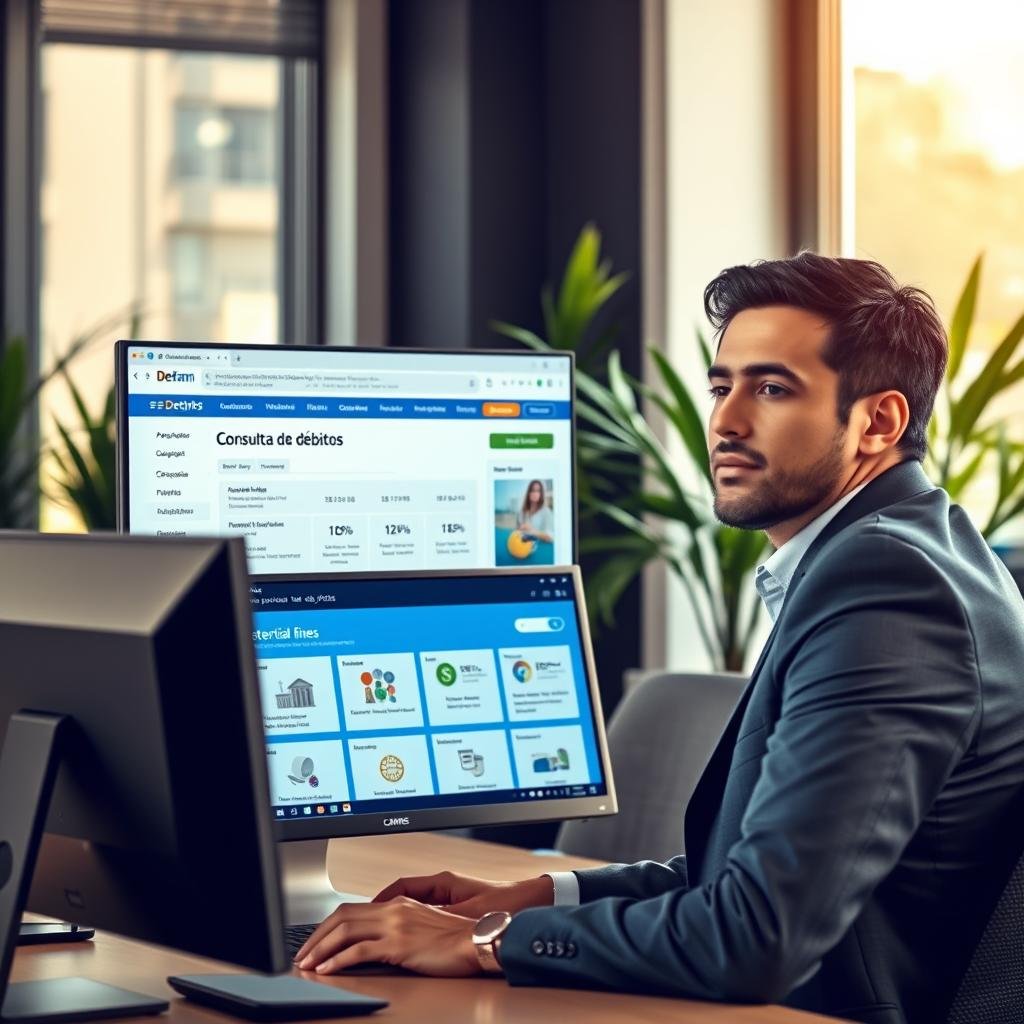 A modern office setting filled with natural light, featuring a sleek, organized workspace with a computer displaying the Detran PB website, specifically the “Consulta de débitos” section. In the foreground, a professional-looking individual in business attire is sitting at the desk, attentively interacting with the screen; their expression portrays focus and determination. The middle layer showcases detailed visuals of the computer interface, showing a clear layout of potential fines and pending issues, with graphics and icons associated with Detran PB services. The background includes an inviting office atmosphere with plants, a window showing a sunny day outside, and soft, warm lighting to create a productive mood. The overall composition should feel orderly and encouraging, emphasizing an efficient online service experience.