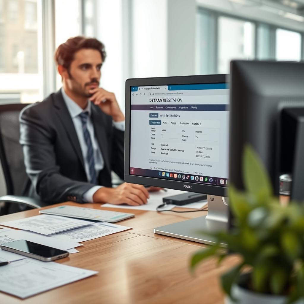 A modern office setting focusing on a computer screen displaying a vehicle consultation page from the DETRAN website, with a professional working at a desk wearing business attire. The desk is cluttered with vehicle-related documents and a smartphone displaying notifications. In the foreground, emphasize the computer screen with clear, vivid details of the vehicle information displayed, conveying a sense of inquiry and focus. The middle ground features the professional's contemplative expression, showcasing common errors such as incorrect vehicle identification numbers or license plate mismatches. The background softly reflects an organized workspace with natural lighting filtering through a window, creating a calm and informative atmosphere, ideal for learning about vehicle registration. No text or watermarks are present.