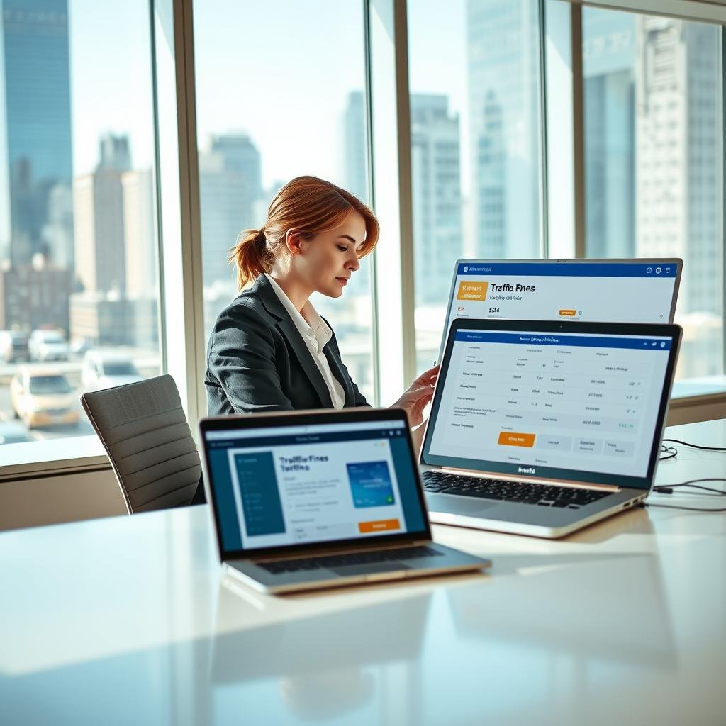 A modern office setting illustrating the concept of checking traffic fines in Detran SC. In the foreground, a professional woman in business attire sits at a sleek desk, intently examining a computer screen displaying a user-friendly interface with traffic fine details. In the middle ground, an open laptop shows a zoomed-in view of a graphical representation of penalties and payment options. The background features a large window with a view of a bustling cityscape, suggesting an active urban environment. The lighting is bright and natural, casting soft shadows that create a welcoming atmosphere. Capture the mood of curiosity and diligence as the woman navigates the digital platform, emphasizing the accessibility and efficiency of the Detran SC services.