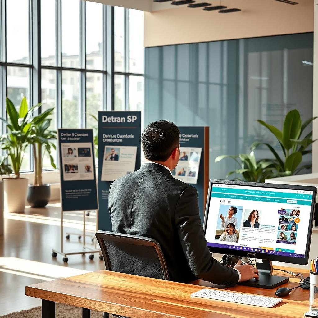 A modern office setting representing a public service environment, showcasing a welcoming ouvidoria (ombudsman) area. In the foreground, a professional individual in business attire is seated at a desk, engaging with a client who appears curious about the Detran SP services. The middle section features informative displays about the services offered, including brochures and a computer with the Detran SP website open. In the background, large windows allow natural light to brighten the space, creating an inviting atmosphere. The color scheme is warm, with neutral tones and touches of green from indoor plants. The scene conveys a sense of professionalism, approachability, and efficiency, emphasizing the importance of community service.