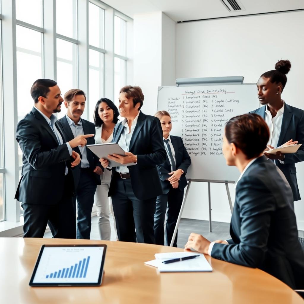 A modern office setting showcasing a meeting room where officials discuss changes to fines and penalties in 2023. In the foreground, a diverse group of professionals in smart business attire (suits, blouses) are engaged in a serious conversation. One is pointing at a digital tablet displaying a graph of new fine structures while another takes notes. In the middle ground, a large whiteboard is filled with bullet points highlighting key changes in regulations. The background features a bright, well-lit room with large windows allowing natural light to flood in, creating a clear and professional atmosphere. The angle is slightly elevated, giving a panoramic view of the collaborative discussion, with a focus on the individuals and their engagement with the materials presented.