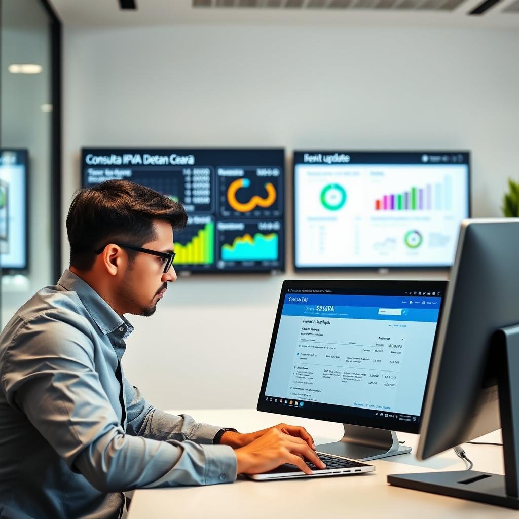 A modern office setting with a digital interface displaying the "Consulta IPVA Detran Ceará" webpage on a sleek computer monitor. In the foreground, a focused business professional, dressed in smart casual attire, is using a laptop, intently analyzing vehicle tax information. In the middle ground, a wall-mounted screen showcases colorful graphs and statistics related to vehicle registration fees and updates. The background features a bright office space with large windows, allowing natural light to illuminate the room, creating an atmosphere of productivity and clarity. The scene conveys a sense of diligence and accessibility in managing vehicle tax information, emphasizing the importance of staying updated on financial responsibilities.