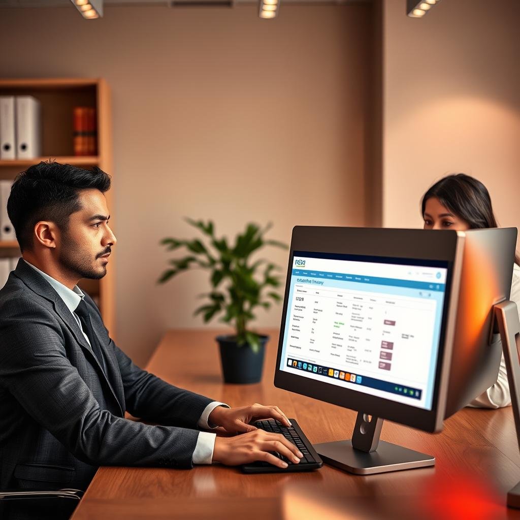 A modern office setting with a professional male and female investigator in business attire, both focused on a computer screen displaying an online vehicle registration lookup page. The foreground shows the investigators seated at a sleek wooden desk, casting thoughtful expressions as they analyze the information. In the middle, the glowing computer screen showcases a detailed view of a vehicle plate inquiry interface, with visible fields for license plate numbers and vehicle details. The background features a well-organized office environment with bookshelves holding legal reference books, a potted plant, and soft ambient lighting. The atmosphere conveys a sense of professionalism, diligence, and legal compliance, emphasizing the importance of lawful vehicle registration inquiries. The image utilizes warm LED lighting to create a welcoming, focused workspace.