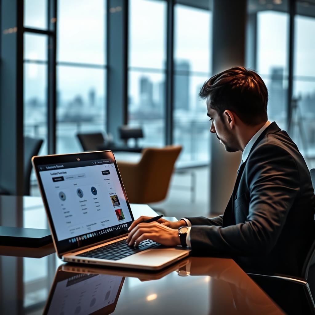 A modern, sleek office scene showcasing a person in professional attire seated at a desk, deeply focused on a laptop screen displaying a vehicle license plate search interface. The foreground features clear details of the laptop screen's digital interface, showing various data fields and vehicle information. The middle background includes a stylish office environment with soft, ambient lighting filters through large windows, casting gentle shadows. In the distant background, a cityscape can be seen through the glass, suggesting a bustling urban environment. The overall mood is one of efficiency and modernity, emphasizing the integration of technology in vehicle registration services, with an emphasis on clarity and professionalism throughout the composition.