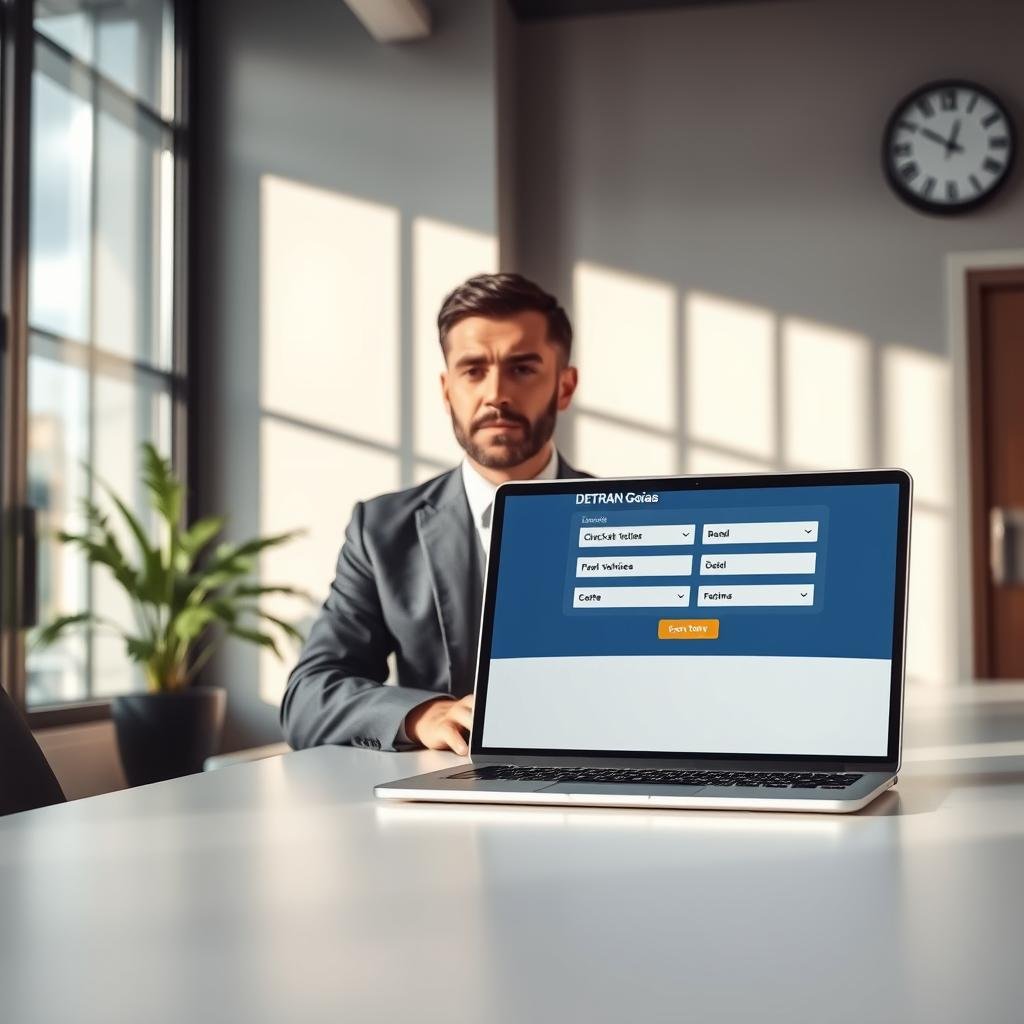 A modern, sleek office setting with a business professional in business attire, sitting at a desk with a laptop open. The screen displays the "DETRAN Goiás" website interface for checking vehicle debts, featuring a clean, user-friendly design with fields for entering vehicle information. Soft, natural lighting streams through a large window, casting gentle shadows across the room. In the background, a potted plant adds a touch of greenery, and a wall clock shows the time. The atmosphere is focused and efficient, conveying a sense of seriousness and professionalism. The image should evoke a feeling of trust and accountability, ideal for illustrating the concept of checking vehicle debts at DETRAN.