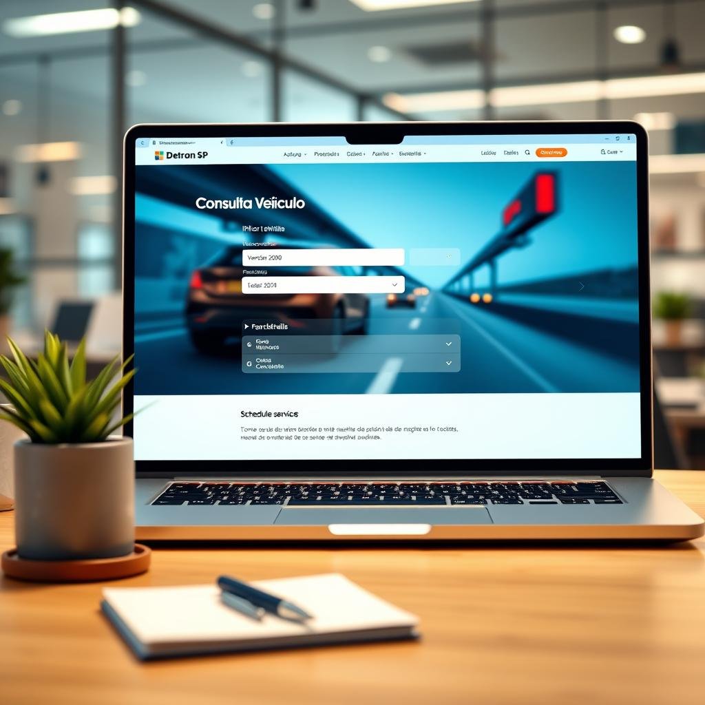 A modern, user-friendly website interface displayed on a computer screen, showcasing the "Consulta Veículo" section where users can input vehicle details. The foreground features a realistic laptop with a clean design, showcasing vibrant colors and easy navigation. In the middle ground, there are subtle elements like a potted plant and a notepad with a pen to suggest a workspace. The background has a soft-focus view of a well-lit office environment, possibly hinting at traffic or transportation-related imagery. The lighting is warm and inviting, creating a professional yet approachable atmosphere. The scene should evoke a sense of efficiency and ease related to scheduling services at Detran SP.