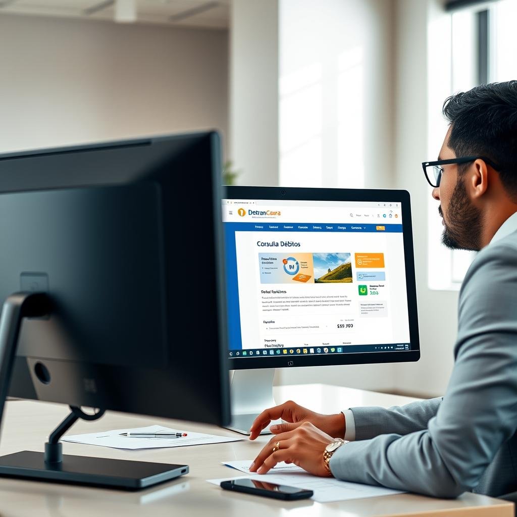 A modern, well-organized office space featuring a computer screen displaying the Detran Ceará website with the "Consulta Débitos" section open. In the foreground, a professional businessperson, dressed in formal attire, is focused on the screen, analyzing information with a concerned expression. The middle ground includes a slightly blurred desk with paperwork, a pen, and a smartphone, emphasizing the task at hand. The background features neutral-colored walls and a potted plant for a touch of warmth. Soft, natural lighting streams through a nearby window, creating an atmosphere of professionalism and focus. The shot is taken from a slight angle, capturing both the individual and the computer display effectively.