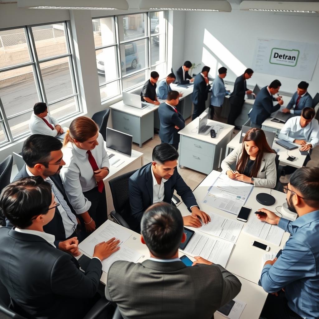 A professional and comprehensive scene depicting a bustling office environment with despachantes (bureaucratic agents) working closely with clients navigating vehicle registration and penalties from Detran Goiás. In the foreground, a diverse group of individuals in smart business attire consults with a despachante at a desk filled with paperwork, maps, and digital devices. In the middle ground, other agents assist clients at various desks, with charts and informational materials about traffic laws visible. The background features large windows allowing natural light to flood the office space, casting soft shadows. The atmosphere is focused and informative, encouraging collaboration and professionalism. The image is well-lit, emphasizing clarity and engagement, taken from a slightly elevated angle to capture the dynamic interactions in the office.