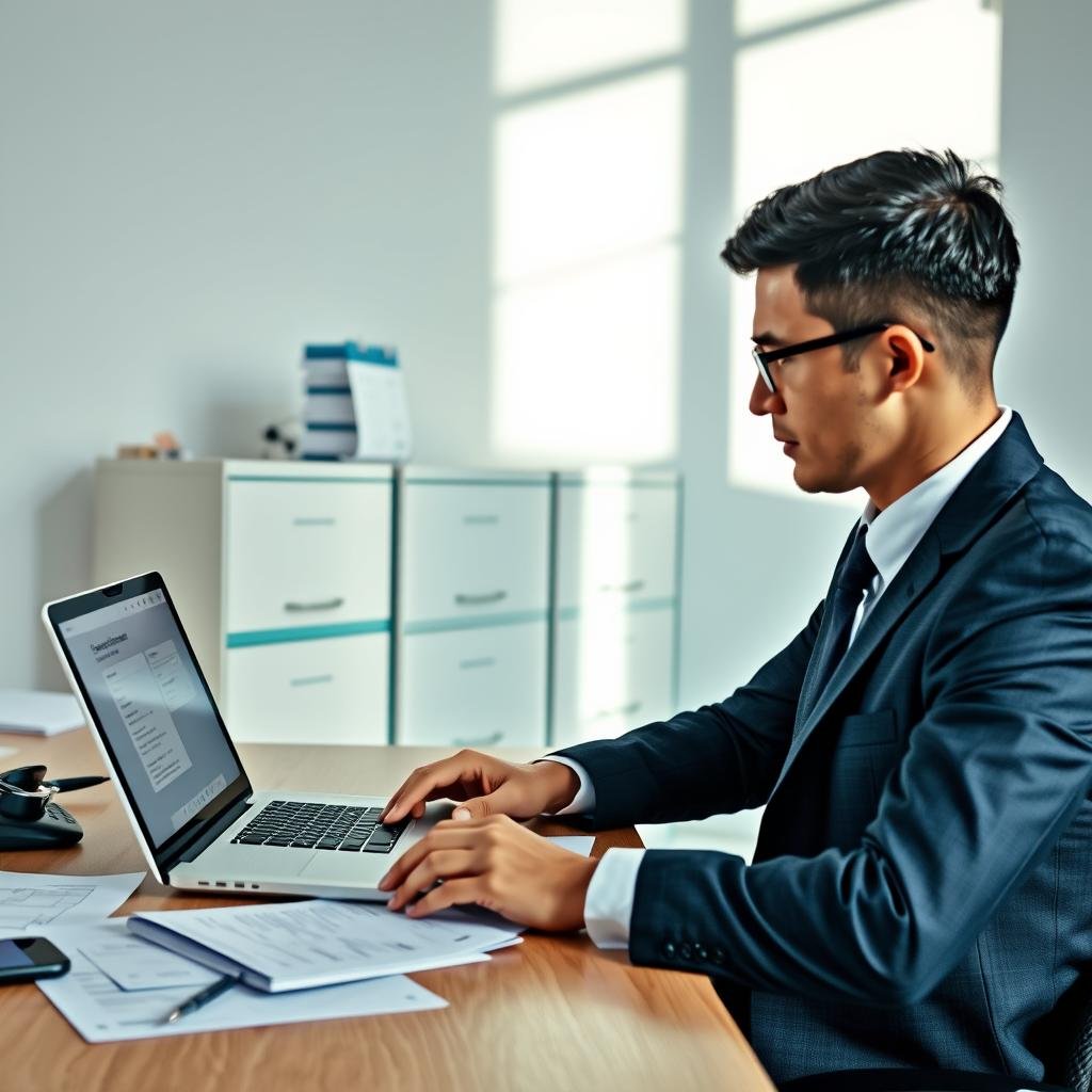 A professional and informative scene depicting a person sitting at a desk, engaged in a detailed consultation about vehicle registration and IPVA (vehicle tax) information. In the foreground, a focused individual in smart business attire examines a laptop screen displaying the Detran consultation interface, surrounded by vehicle-related documents. The middle layer features a minimalized office setup with a filing cabinet and a calendar, indicating the importance of organization. In the background, soft, natural light filters through a window, casting gentle shadows, evoking a sense of clarity and professionalism. The atmosphere is calm and productive, underscoring the importance of making informed vehicle purchasing decisions.