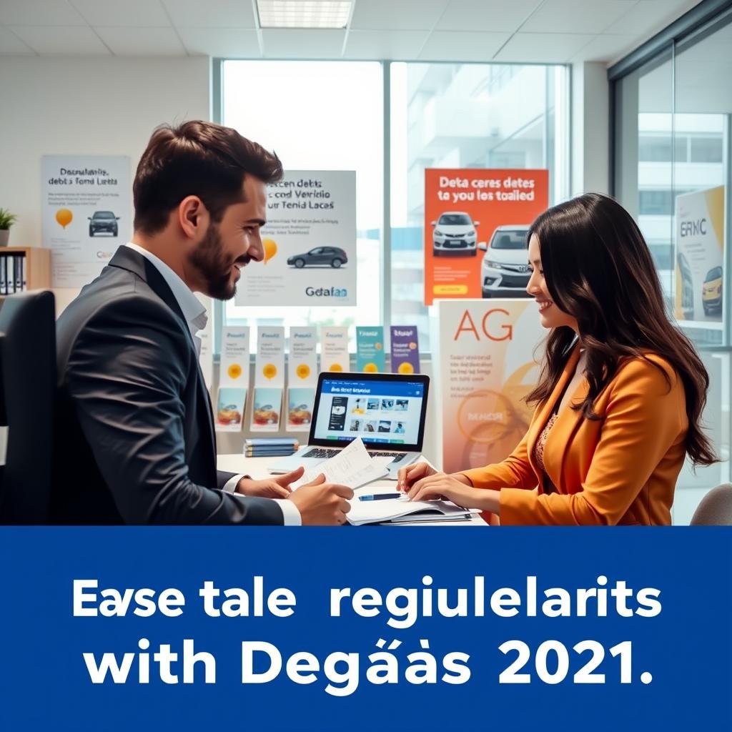 A professional and informative scene illustrating the advantages of regularizing debts with Detran Goiás in 2021. In the foreground, a well-dressed man and woman are discussing financial paperwork at a desk with a computer displaying the Detran Goiás website. The middle ground shows a bright, organized office environment, with shelves containing brochures about vehicle registration and debt consultation services. The background features a large window allowing natural light to flood in, highlighting a public office space with posters emphasizing the benefits of staying up-to-date with vehicle registration. The atmosphere is positive and encouraging, with vibrant colors and a sense of professionalism, conveying the importance of maintaining compliance with local regulations. Use soft lighting for a warm and inviting effect, capturing a motivational tone.