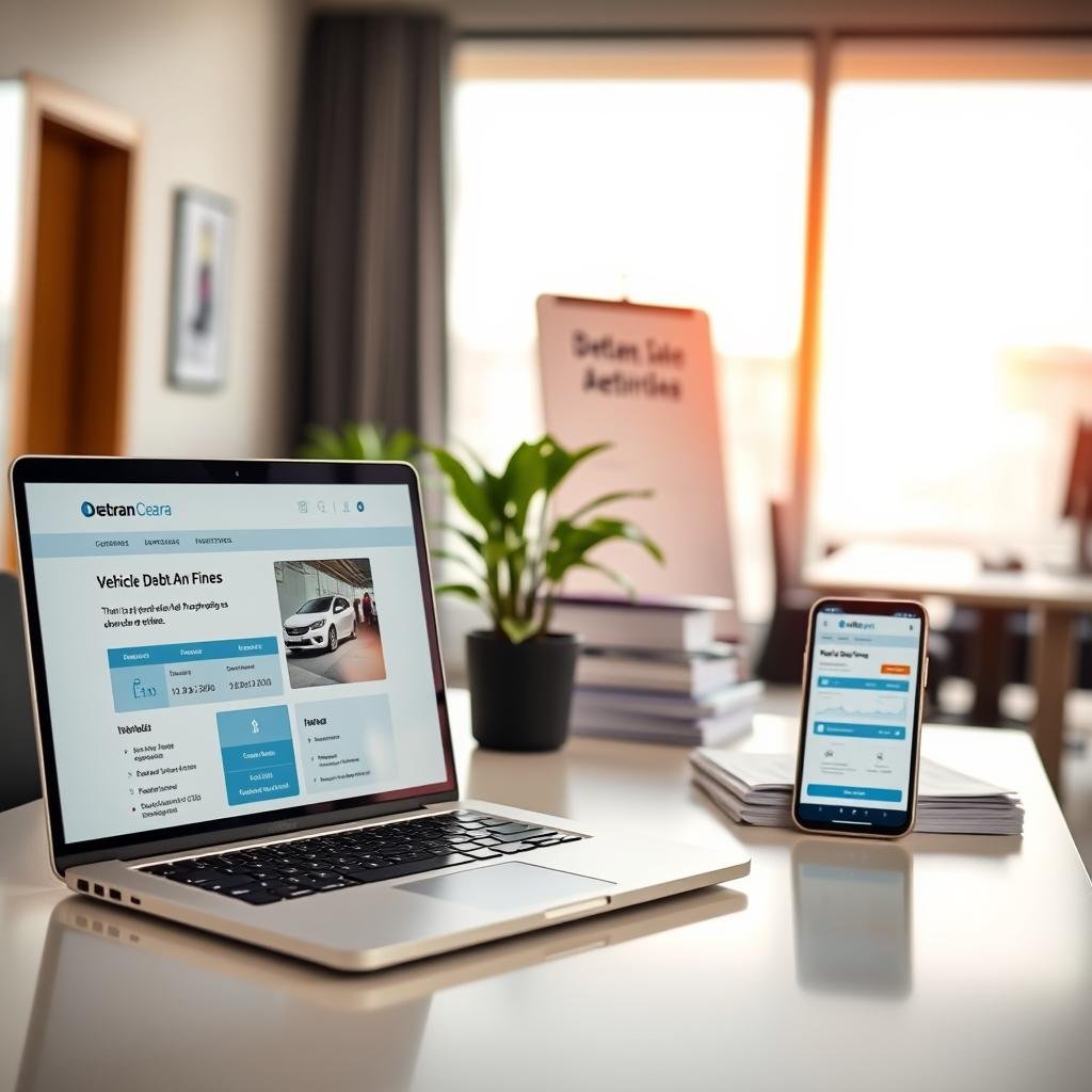 A professional and inviting office setting with a focus on digital devices displaying the Detran Ceará website. In the foreground, a clean, modern desk features a laptop open to a page showing vehicle debt and fines, accompanied by a smartphone displaying similar information. The middle ground includes a potted plant and a stack of automotive documents, conveying an organized atmosphere. In the background, a large window allows natural light to filter in, illuminating the workspace and creating a warm ambiance. The scene has a professional yet approachable mood, emphasizing the accessibility of vehicle debt information for drivers in Ceará. Ensure there are no people in the image to maintain a focus on the technology and setting.