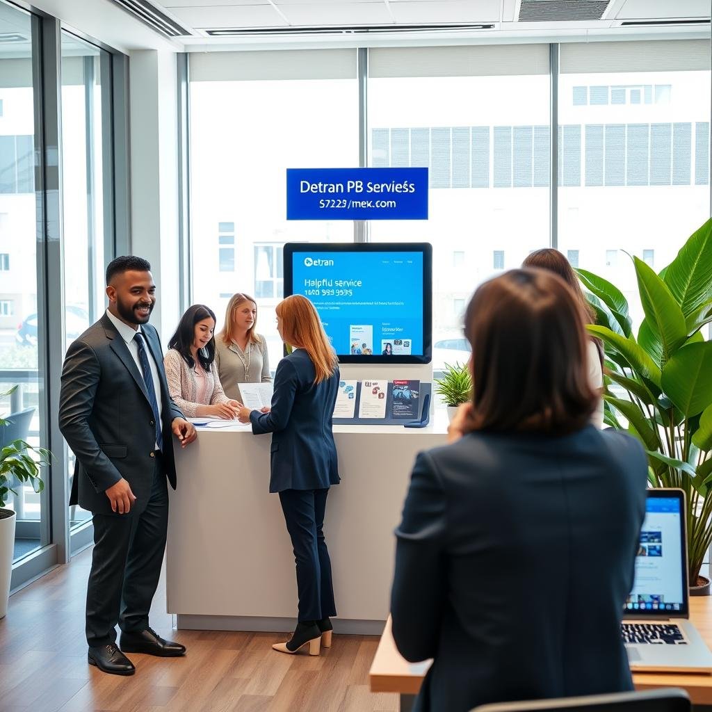 A professional and modern office setting depicting the various customer service channels of the Detran PB. In the foreground, a friendly customer service representative in smart business attire is assisting a diverse group of individuals, showcasing helpful interaction. The middle layer features a sleek information desk with brochures, a digital sign displaying contact information, and a laptop open with the Detran website. In the background, large windows let in bright, natural light, providing a welcoming atmosphere, while green plants add a touch of warmth. The scene is well-lit and framed from a slight angle to capture the action and engagement in the environment, evoking a sense of trust and professionalism.