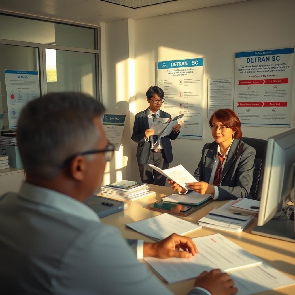 A professional and serene office environment focused on the process of renewing a driver's license (CNH). In the foreground, a well-dressed individual, wearing business attire, is seated at a desk filled with documents and a computer, looking engaged in completing the renewal process. In the middle ground, a representative in formal clothing assists a customer, showing documents that illustrate the steps involved in the CNH renewal. The background features posters with important information about the Detran SC and a tidy, organized office space with natural light streaming in through a window, casting soft shadows. The atmosphere is calm and informative, emphasizing clarity and professionalism. Use warm lighting to create an inviting environment, capturing a sense of trust and efficiency.