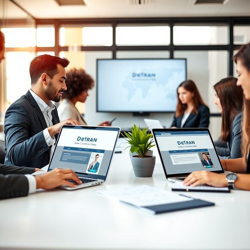A professional and sleek office setting designed for online consultations about vehicle debt. In the foreground, a diverse group of three individuals in business attire is engaged with laptops displaying a Detran Goiás website. One is intently pointing at the screen, while the others are taking notes. In the middle, a modern conference table is adorned with documents and a potted plant, symbolizing organization and clarity. In the background, a large window lets in warm, natural light, creating a welcoming atmosphere. The overall mood is efficient and focused, showcasing the advantages of online consultation. The lens is slightly wide to capture the entire scene, with soft focus on the background for depth.