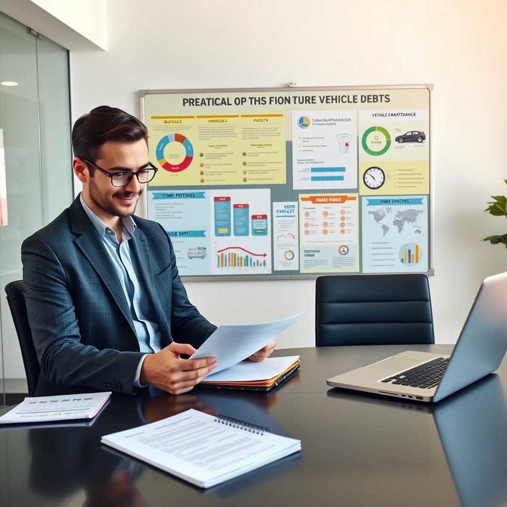 A professional business setting focusing on practical tips to prevent future vehicle debts. In the foreground, a well-dressed person, wearing a blazer and glasses, is reviewing paperwork at a sleek desk with a laptop and a notebook filled with checklists. In the middle, a bulletin board displays colorful charts and infographics illustrating budgeting, timely payments, and vehicle maintenance tips. The background features a modern office with soft, natural lighting streaming through a large window, giving a warm yet focused atmosphere. The scene is arranged to evoke a sense of professionalism and proactive financial planning, with an emphasis on clarity and organization that suggests careful preparation.