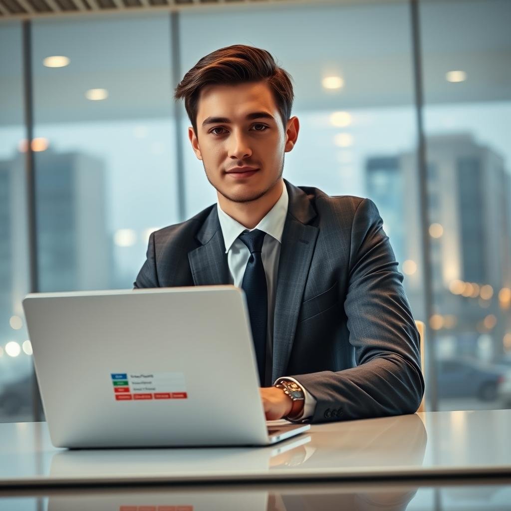 A professional, composed young adult male in business attire, sitting at a sleek modern desk with a laptop open in front of him, illustrating the process of reviewing traffic fines online. The bright overhead lighting casts a warm glow on the workspace. On the laptop screen, a clear view of a government website showing traffic violations, featuring colorful graphics and buttons for consultation. In the background, a soft-focus cityscape can be seen through a large window, hinting at an urban environment. The atmosphere conveys focus and clarity, suggesting a sense of responsibility and diligence in handling traffic violations. The camera angle is slightly elevated, providing a comprehensive view of the scene while ensuring the subject is prominently displayed.