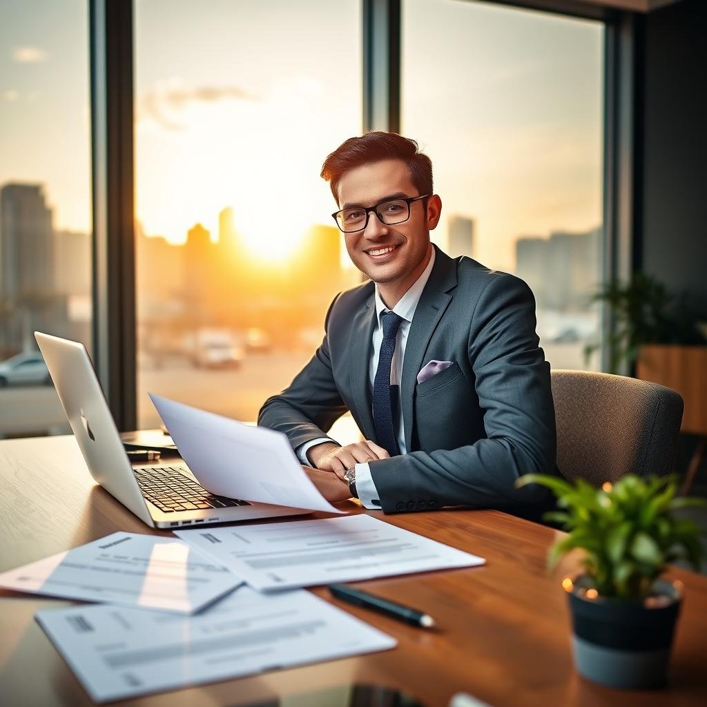 A professional individual wearing business attire, sitting at a desk with a laptop open, surrounded by official documents related to vehicle debt regulation, appearing focused and organized. In the background, a large window reveals a city skyline, illuminated by warm morning light, creating an inviting and productive atmosphere. On the desk, a potted plant adds a touch of greenery, symbolizing growth and resolution. The scene is captured from a slightly elevated angle, showcasing the individual and the documents while providing a clear view of the workspace. The mood is optimistic and proactive, emphasizing the advantages of regularizing vehicle debts for peace of mind and better financial management.