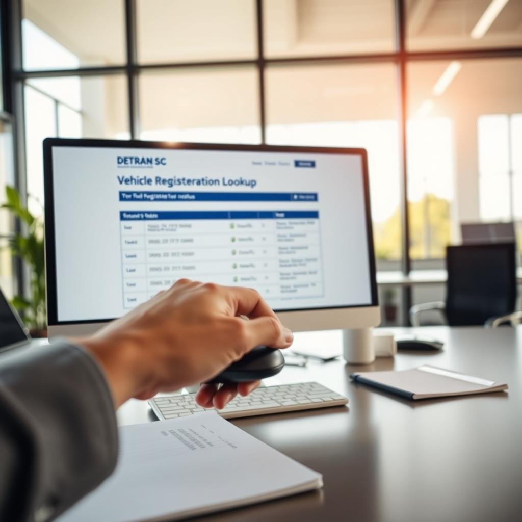 A professional, modern office environment featuring a focus on a sleek desktop computer displaying the Detran SC website interface for vehicle registration lookup. In the foreground, a hand is hovering over a mouse, poised to click, with a neatly organized workspace and a notepad nearby. The middle ground reveals a large monitor with clear, easy-to-read data regarding vehicle registration status, while in the background, a large window showcases a sunny day outside, casting soft, natural light across the room. The atmosphere is calm and productive, emphasizing the efficiency of obtaining results for vehicle inquiries, with a depth of field that blurs the background slightly to keep the focus on the computer screen.