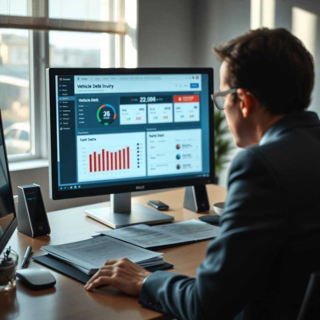 A professional office environment featuring a well-lit desk with a computer screen displaying a digital dashboard for vehicle debt inquiries. In the foreground, a person in business attire, focused and examining the screen's details, exuding an air of concentration and diligence. The middle layer shows papers and documents related to motor vehicle registration, neatly arranged. The background contains a calm office atmosphere with soft natural light coming through a window, casting gentle shadows. The mood is one of seriousness and professionalism, encapsulating the theme of financial inquiry. The scene is captured with a slight depth of field effect, emphasizing the subject while subtly blurring the background elements.