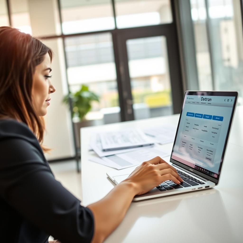 A professional office environment featuring a woman in business attire seated at a desk, focused on her laptop screen displaying a digital interface of "Detran Goiás". The foreground shows a close-up of her hands typing on the keyboard, emphasizing engagement and professionalism. In the middle, a blurred view of multiple documents labeled “debts” and “vehicle details” is scattered around her workspace, symbolizing vehicle debt check processes. The background reveals a modern office setting with a window showing a sunny day, creating a bright and optimistic atmosphere. Soft, natural lighting enhances the scene, and the angle captures both the subject and her workspace effectively, inviting the viewer to imagine the consultation process with Detran Goiás.