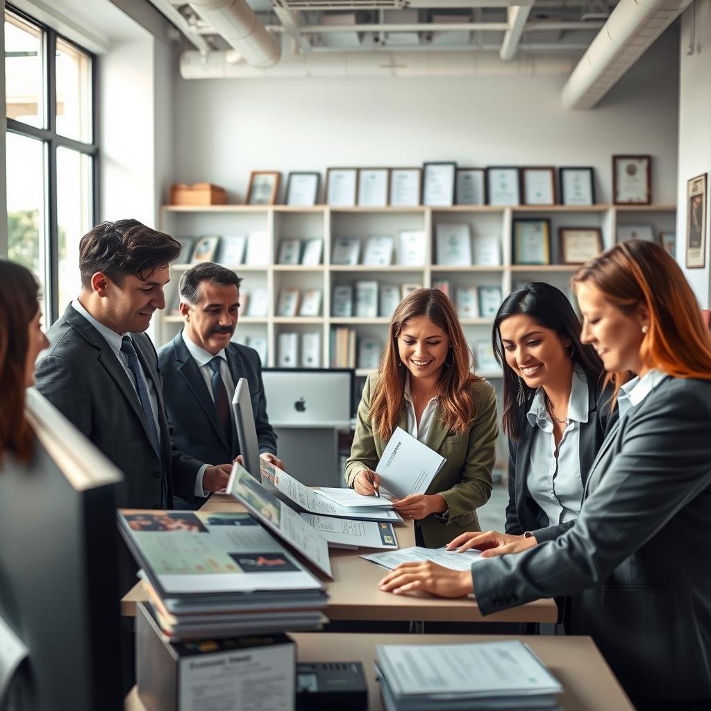A professional office environment focused on “Despachantes e serviços do Detran.” In the foreground, depict a diverse group of individuals in professional business attire, engaged in a discussion over paperwork and a computer, showcasing collaboration. They should exhibit expressions of concentration and friendliness. In the middle ground, include an organized reception area with informational brochures related to vehicle registration and legal paperwork prominently displayed. In the background, softly illuminated, is an office space filled with shelves of documentation and framed certificates to enhance the professional atmosphere. Utilize natural lighting from large windows, using a wide-angle lens to capture depth. Create a mood of diligence and service, highlighting the importance of despacho services in a supportive and trustworthy environment.