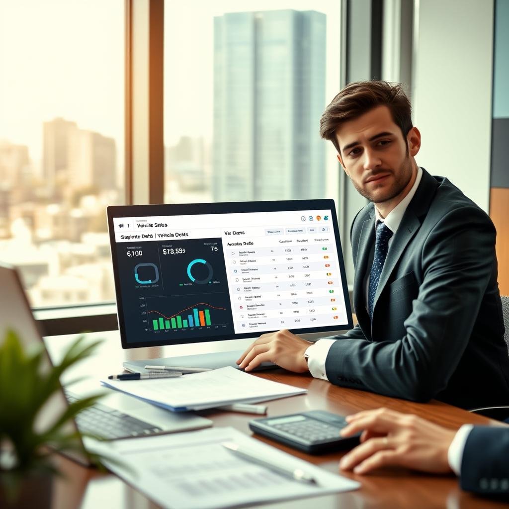 A professional office environment showcasing a person in business attire, seated at a desk with a laptop open, displaying a detailed dashboard of vehicle debt statuses. In the foreground, a close-up on the person’s focused expression reflects deep engagement with their financial management. The middle ground features documents and a calculator, emphasizing the importance of keeping track of vehicle debts. In the background, a large window reveals a cityscape, symbolizing connectivity and the benefits of informed decision-making. The scene is bathed in natural light, enhancing a sense of clarity and organization. The overall mood conveys a sense of responsibility, empowerment, and the advantages of regular monitoring of vehicle taxes and debts.