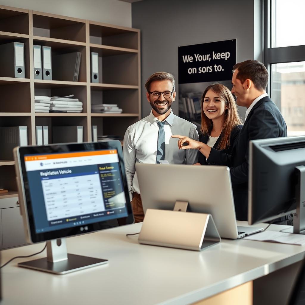 A professional office environment showcasing a vehicle registration desk. In the foreground, a clean, organized workspace featuring a computer monitor displaying a digital interface for vehicle registration checks, with light from the monitor illuminating the scene. In the middle, a business professional in formal attire interacts with a friendly office assistant who is pointing at the screen, both engaged in a discussion. The background includes shelves with neatly arranged vehicle registration folders and a poster about the benefits of keeping vehicle records up to date. Soft, natural lighting filters through a nearby window, creating a bright and welcoming atmosphere that emphasizes efficiency and professionalism. The angle is slightly above eye level, providing a clear view of the interaction while capturing the workspace's tidiness and order.