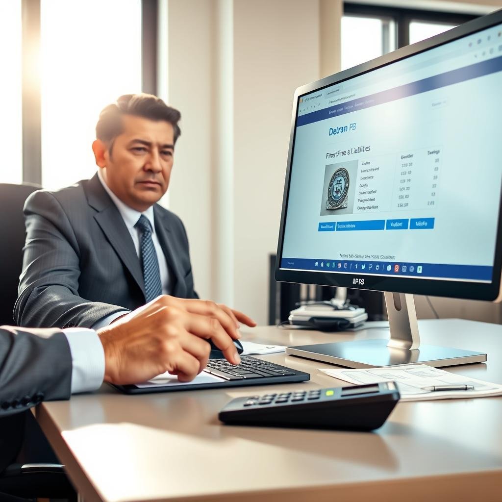 A professional office scene depicting a person in business attire, focused on a computer screen with the Detran PB website open. In the foreground, the individual, a middle-aged Hispanic man in a smart suit, is using a mouse, showing expressions of concentration and determination as he checks for fines and liabilities. The middle ground features a sleek, modern desk with financial documents and a calculator. In the background, a window shows a bright, sunny day, suggesting clarity and ease. The lighting is soft and warm, illuminating the workspace naturally. The overall atmosphere is calm and efficient, emphasizing the seriousness of managing vehicle fines and payments in a professional context.