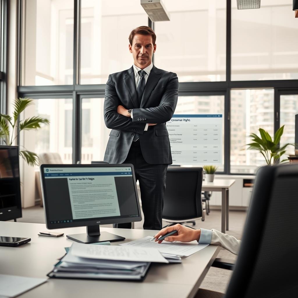 A professional office scene highlighting consumer rights related to traffic fines. In the foreground, a well-dressed businessperson stands confidently at a desk, reviewing documents and regulations regarding consumer rights. The middle ground features a computer screen displaying a detailed online query system for traffic violations. In the background, large windows let in natural light, illuminating a modern office space with neutral colors and inspiring decor. The atmosphere is formal yet approachable, conveying a sense of empowerment and clarity. The composition is a balanced mix of realism and professionalism, with a focus on the theme of consumer rights in relation to driving regulations. The angle is slightly above eye level, giving a broader view of the workspace.