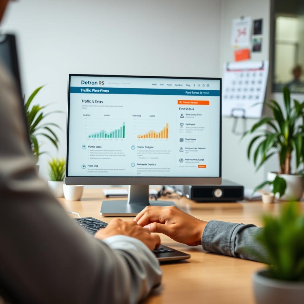 A professional office setting depicting a person of Latin American descent, dressed in business casual attire, sitting at a desk with a computer. The screen displays a Detran RS website interface with details about traffic fines in a clear, organized layout. In the foreground, focus on the individual's hands typing on the keyboard, showing engagement. The middle ground includes the computer monitor, highlighting graphs and tabs related to fine status and payment options. The background features office elements like plants and a calendar, creating a vibrant yet focused atmosphere. Soft, natural lighting illuminates the workspace, conveying a sense of clarity and professionalism. The overall mood is informative and encouraging, suitable for discussing how to track traffic fines.