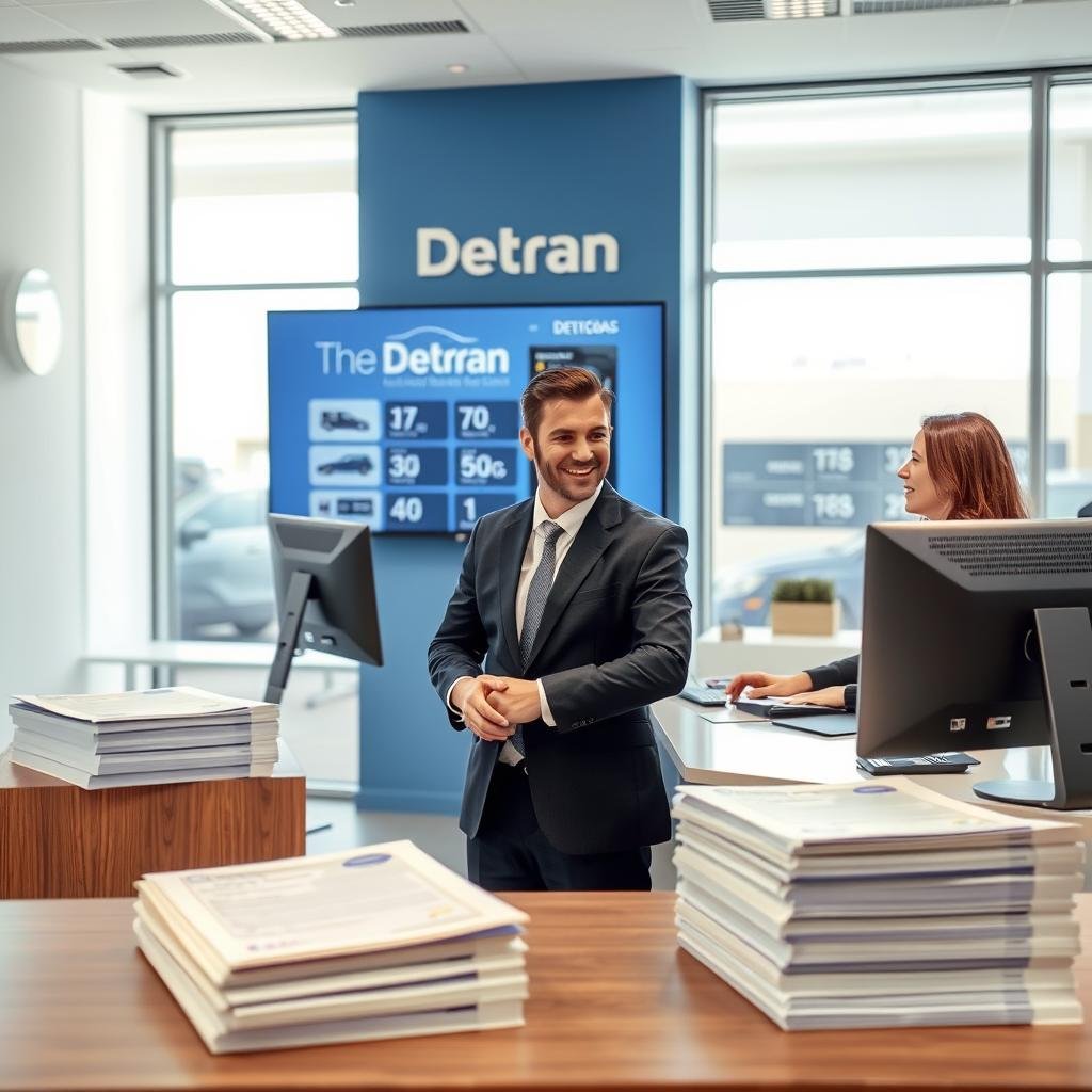 A professional office setting depicting customer service at the Detran Goiás. In the foreground, a well-dressed customer service representative, wearing a business suit, assists a client at a modern desk with a computer. The representative is engaging with a friendly smile, indicating helpfulness and professionalism. In the middle ground, there's a stack of vehicle documents and a large screen displaying the Detran Goiás logo and various vehicle-related information. The background features a clean and organized office environment with soft lighting, large windows letting in natural light, and a calming color palette of blue and white to convey trust and reliability. The overall mood is professional and welcoming, emphasizing customer support.