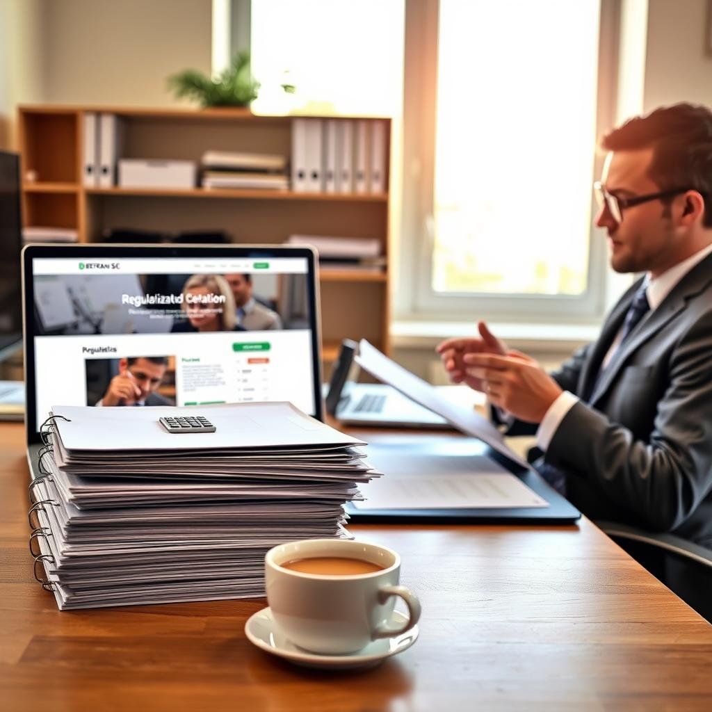 A professional office setting focused on tax and debt resolution. In the foreground, a well-dressed consultant sits at a desk, reviewing documents and a laptop displaying a Detran SC website on screen. The consultant is engaged and focused, projecting an atmosphere of professionalism and reliability. In the middle ground, there are neatly stacked folders labeled "Regularization," a calculator, and a cup of coffee, alluding to the meticulous work involved in debt resolution. The background features a large window with soft, natural light streaming in, emphasizing a bright and optimistic mood. The overall color palette is warm and inviting, fostering a sense of hope and motivation in tackling financial responsibilities.