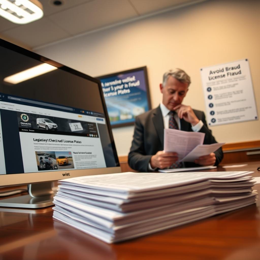 A professional office setting focused on the theme of vehicle license plate consultations with Detran SC. In the foreground, a modern computer monitor displays an official webpage related to vehicle registration checks. Beside it, a neatly organized stack of documents with vehicle information sits on a polished wooden desk. In the middle ground, a person in business attire, a middle-aged man, is thoughtfully reviewing a document, conveying a sense of diligence and caution. In the background, a wall-mounted informational poster highlights tips for avoiding fraud when checking license plates. The lighting is bright and warm, emanating from overhead fixtures, creating an inviting yet serious atmosphere. The angle captures both the documents and the monitor clearly, emphasizing the importance of transparency and diligence in vehicle registration investigations.