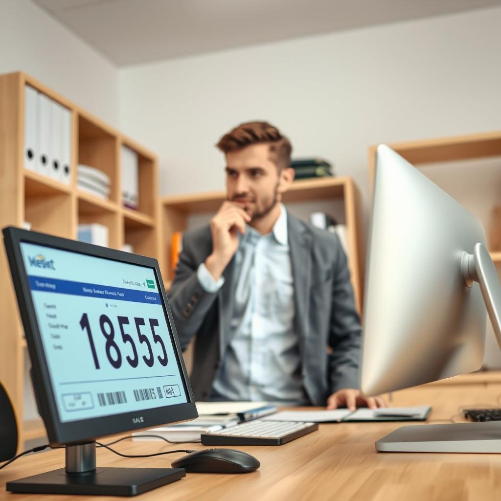 A professional office setting focused on vehicle registration and consultation. In the foreground, a computer screen displays a simulated interface for checking vehicle license plates, showcasing a clean and user-friendly design. The middle ground features a well-dressed individual, a business professional, engaging with the screen, with a thoughtful expression as they analyze the data. Surrounding shelves hold neatly organized files and vehicle-related materials, adding to the ambience of an efficient workspace. The background shows soft, diffused lighting to create a calm and focused atmosphere, suggestive of professionalism and trust. The angle captures a close-up of the desk and the individual's interaction with the screen, emphasizing the act of vehicle plate consultation.