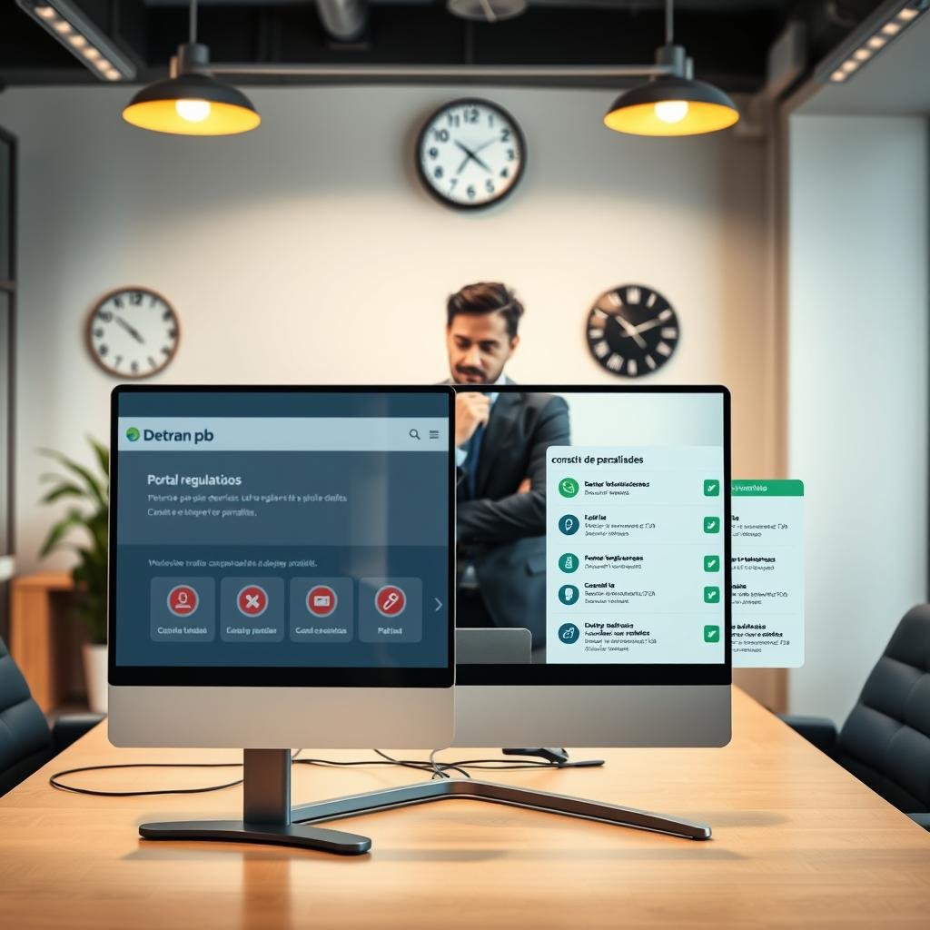 A professional office setting focusing on a modern workspace dedicated to traffic regulations. In the foreground, a clear view of a computer screen displaying the Detran PB portal, specifically the "consulta de penalidades" section with various interactive elements. In the middle, a well-dressed person in business attire is attentively studying the screen, with a thoughtful expression. The background features sleek office furniture, a potted plant, and a wall clock, creating a balanced and organized atmosphere. Soft, warm lighting from overhead lamps sets a professional yet inviting tone. The image should convey a sense of diligence and responsibility towards understanding traffic penalties, with no text or distractions present.