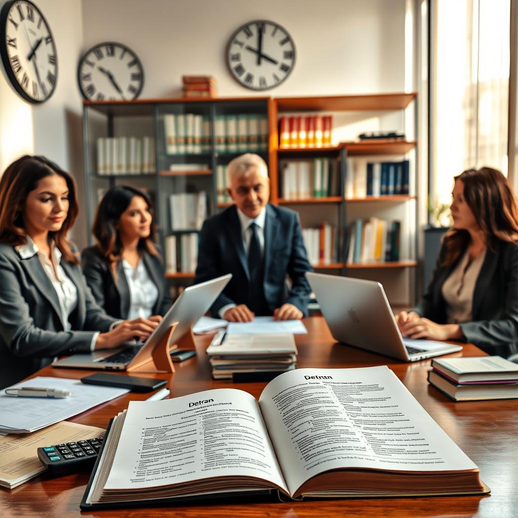 A professional office setting focusing on legal considerations regarding vehicle registration and debts in Brazil. In the foreground, a diverse group of three individuals dressed in business attire—two women and one man—are engaged in a discussion around a desk cluttered with documents, laptops, and a calculator. The middle ground features an open law book displaying legal terminology related to Detran consultations. In the background, a large wall clock and a bookshelf filled with legal texts and guides enhance the ambiance. Warm, natural lighting from a nearby window casts soft shadows, creating a serious yet inviting atmosphere, emphasizing the importance of legal knowledge in navigating vehicle-related paperwork.