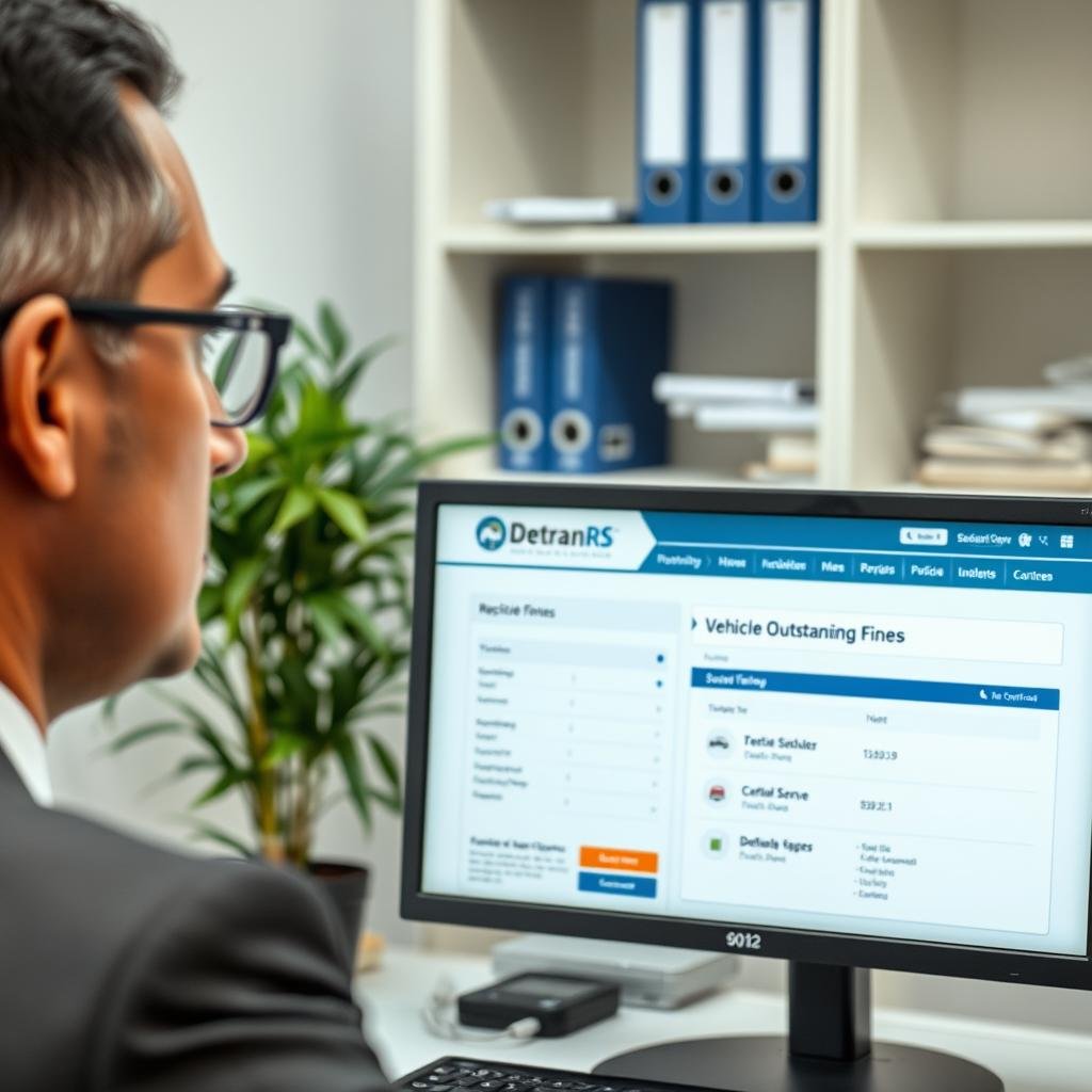 A professional office setting focusing on vehicle registration and traffic fines. In the foreground, a well-dressed individual in business attire, looking intently at a computer screen displaying a government website for vehicle consultations. The middle ground features a detailed view of the computer screen, showing the "Detran RS" logo, vehicle information, and a prominent section on outstanding fines. The background includes shelves with neatly arranged files and a potted plant, hinting at a busy yet organized workspace. Soft lighting creates a calm atmosphere, emphasizing focus and diligence while a slight depth of field highlights the screen. The scene conveys a serious mood of responsibility and diligence in managing vehicle compliance and licensing.