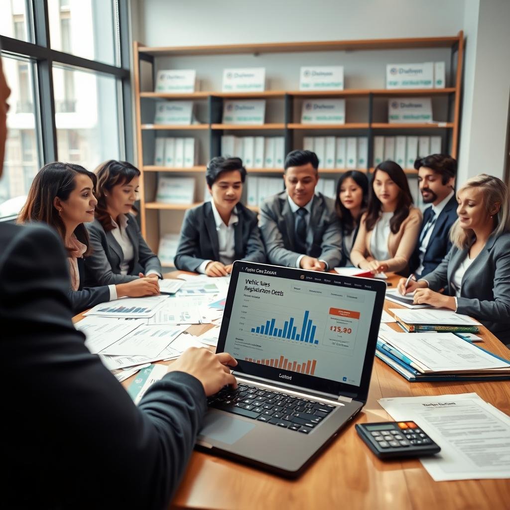 A professional office setting illustrating "Special Cases of Debts" related to Detran. In the foreground, a diverse group of individuals, dressed in business attire, is engaged in a discussion around a table strewn with documents related to vehicle registration debts. In the middle ground, a close-up of a laptop with graphs and charts showing debt statistics, alongside legal papers and a calculator. In the background, shelves filled with official Detran publications and a large window allowing natural light to fill the space, creating an inviting atmosphere. The lighting is bright and professional, emphasizing the seriousness of financial matters, while the angle captures the teamwork and urgency in resolving these cases.