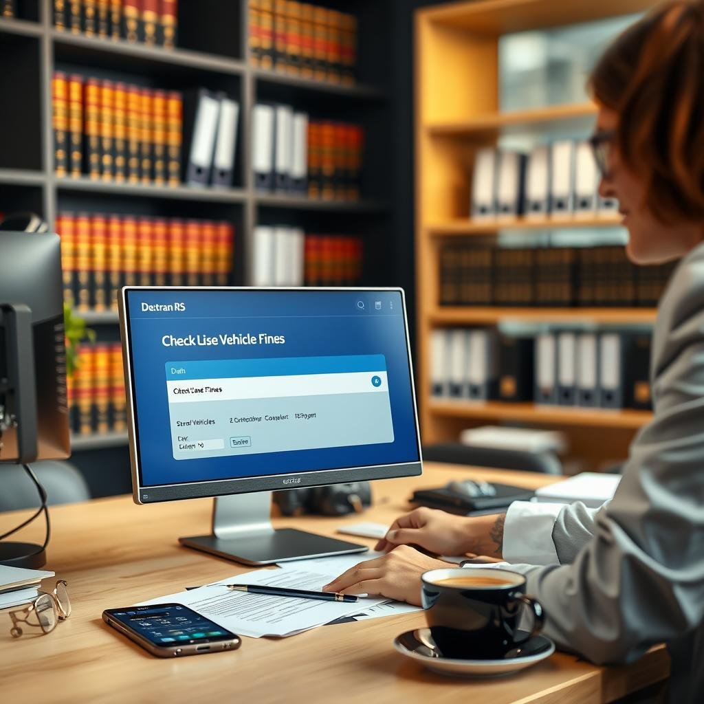 A professional office setting showcasing a person in business attire engaging with a computer, illustrating the process of checking vehicle fines at Detran RS. In the foreground, focus on a computer screen displaying a user-friendly interface with a search function for checking vehicle debts. The middle ground includes elements like paperwork, a smartphone with notifications, and a cup of coffee. In the background, blurred shelves filled with books and legal documents hint at a bureaucratic atmosphere. The lighting is bright and warm, creating a welcoming and serious mood, with soft shadows that enhance depth. Use a wide-angle lens to capture the entire scene, emphasizing the importance of regularizing outstanding debts in a professional context.